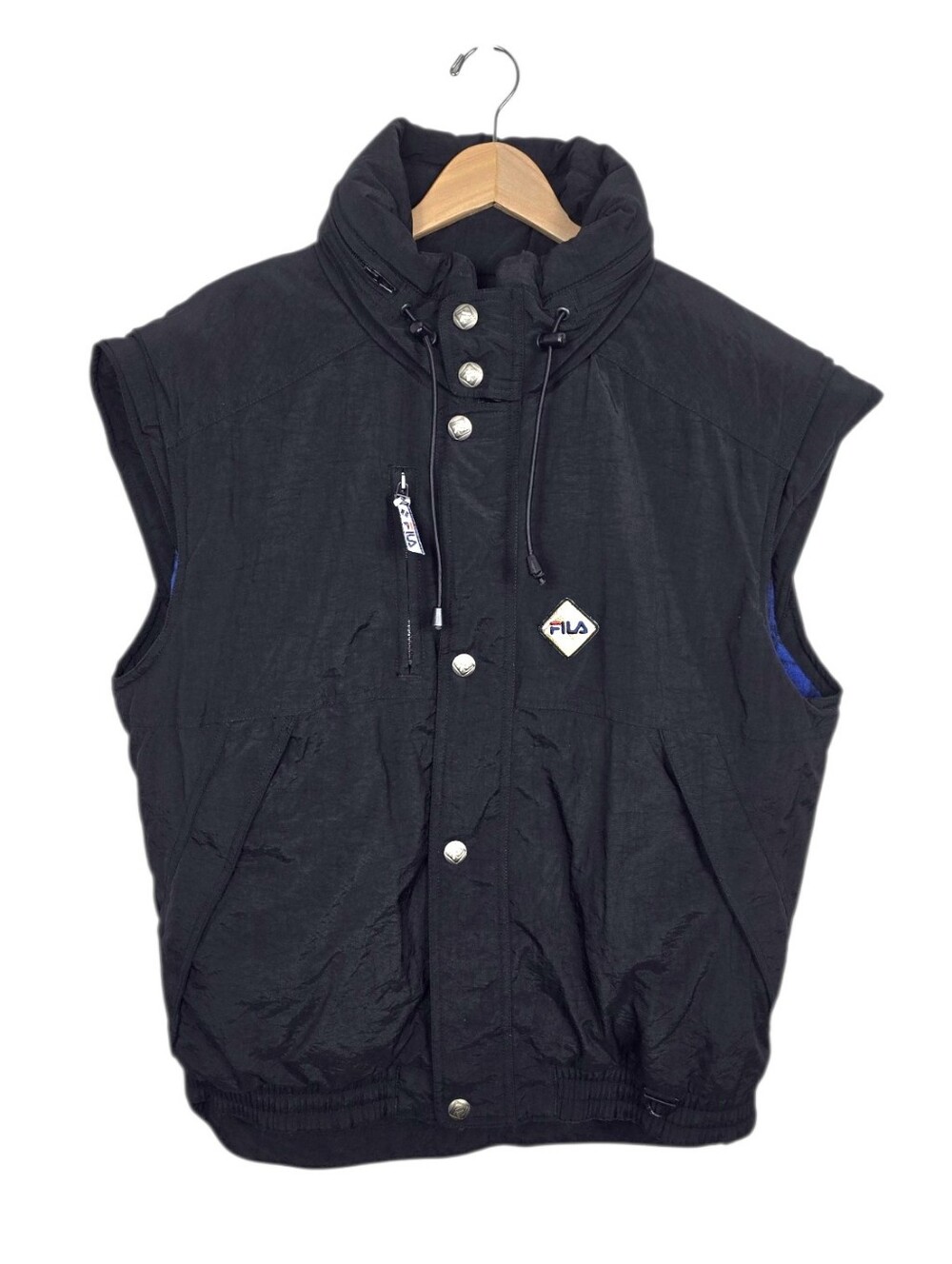 Vintage Fila Flannel Lined Insulated Stowaway Hood Vest Men's Black Blue XL